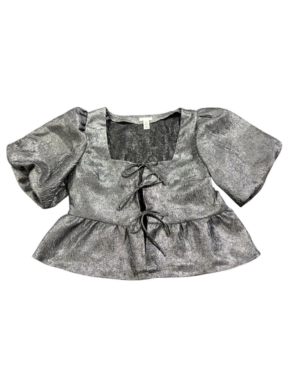 H&M Metallic Puff Sleeve Peplum Top XL Silver Tie Front Blouse